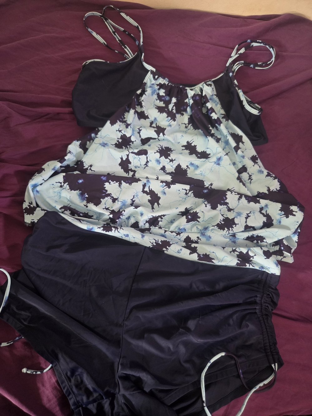 Light/Dark BluePrinted Tankini Top with Black Swim Shorts